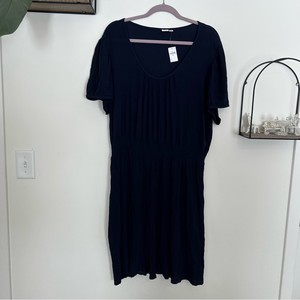 NEW Gap Navy Blue Short Sleeve Scoop Neck Gauzy Waisted Knee Length Dress XXL‎